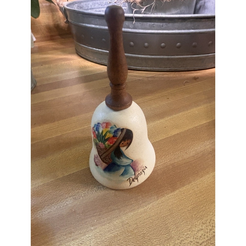 Vintage DeGrazia Hand Bell Native American Girl Hand Painted 5" Tall Wood Handle